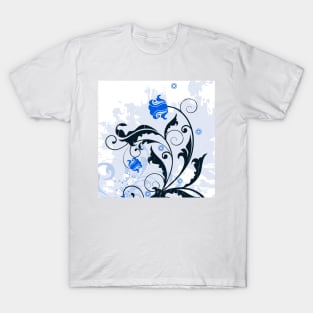 White Blue Floral Art T-Shirt